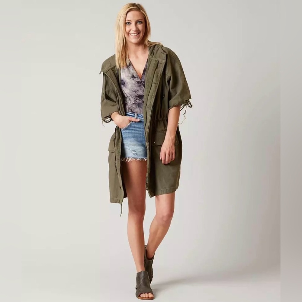 Free People Sz M Oversized Reworked Army Jacket Military Green Short Sleeve Long